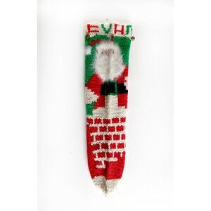 Hand Knit Christmas Stocking Large 21" for EVAN Santa Claus Fuzzy Beard Bells